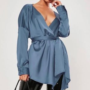 Missguided Satin Wrap Blouse in Blue